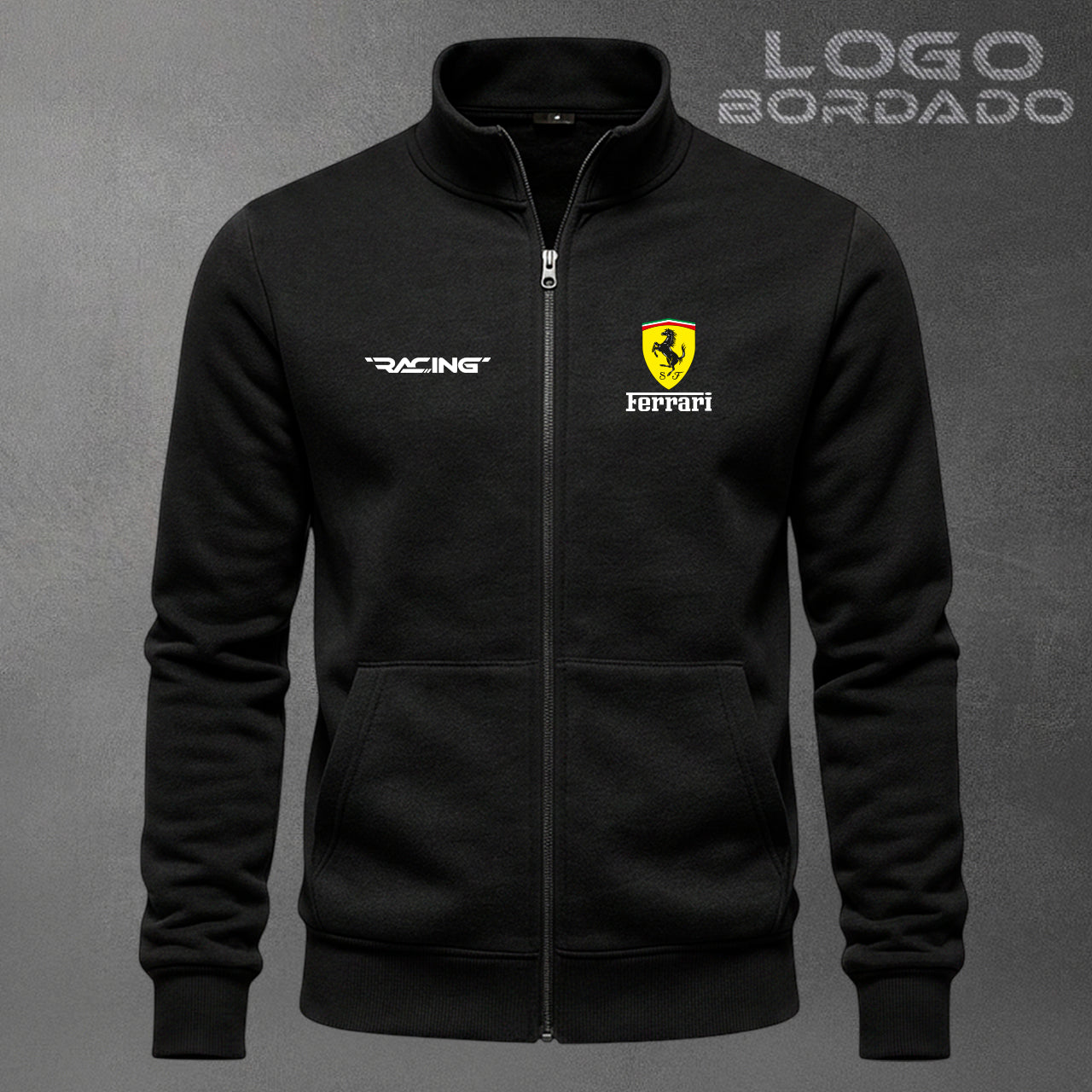 Buzo Ferrari cuello alto bordado con cierre completo / Unisex