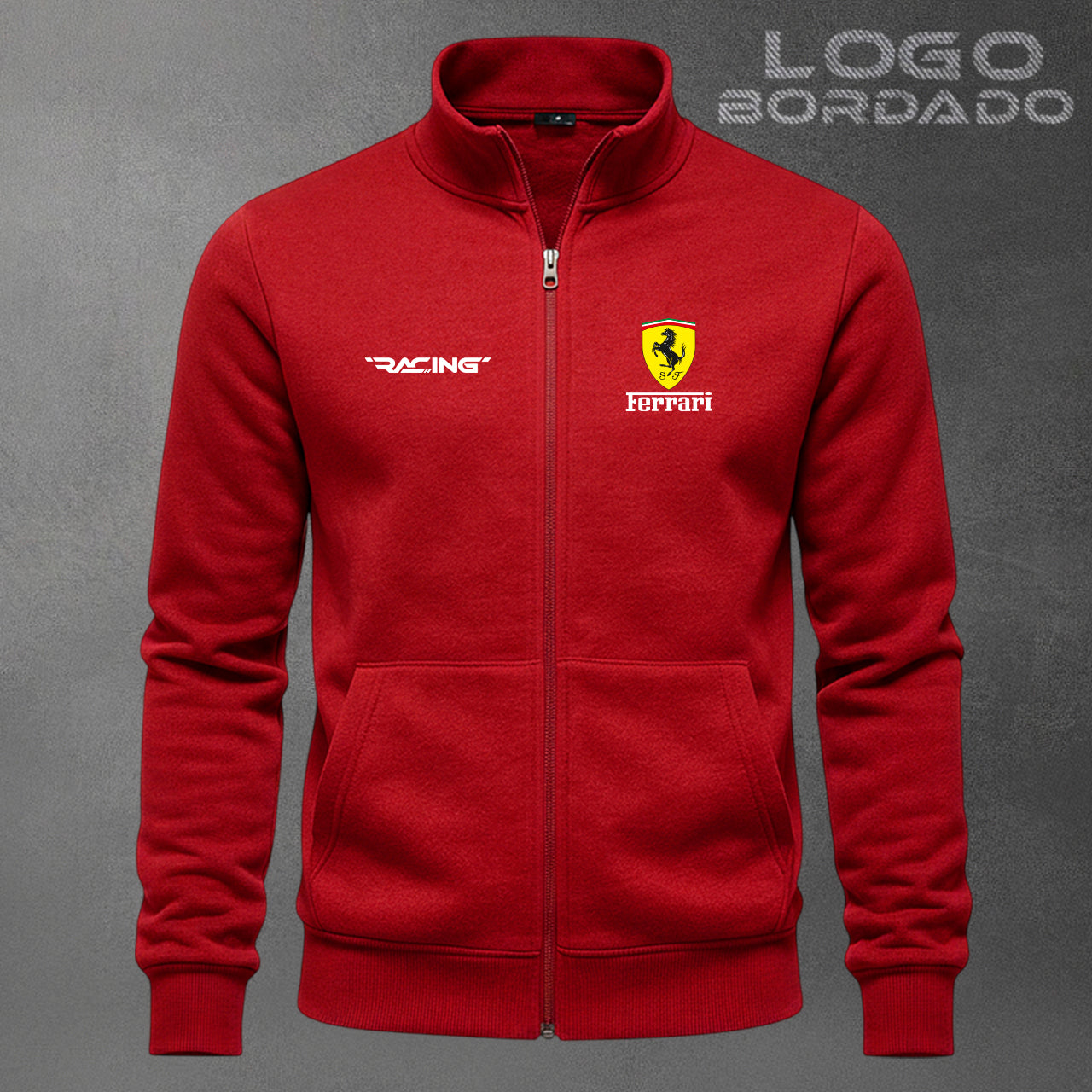 Buzo Ferrari cuello alto bordado con cierre completo / Unisex